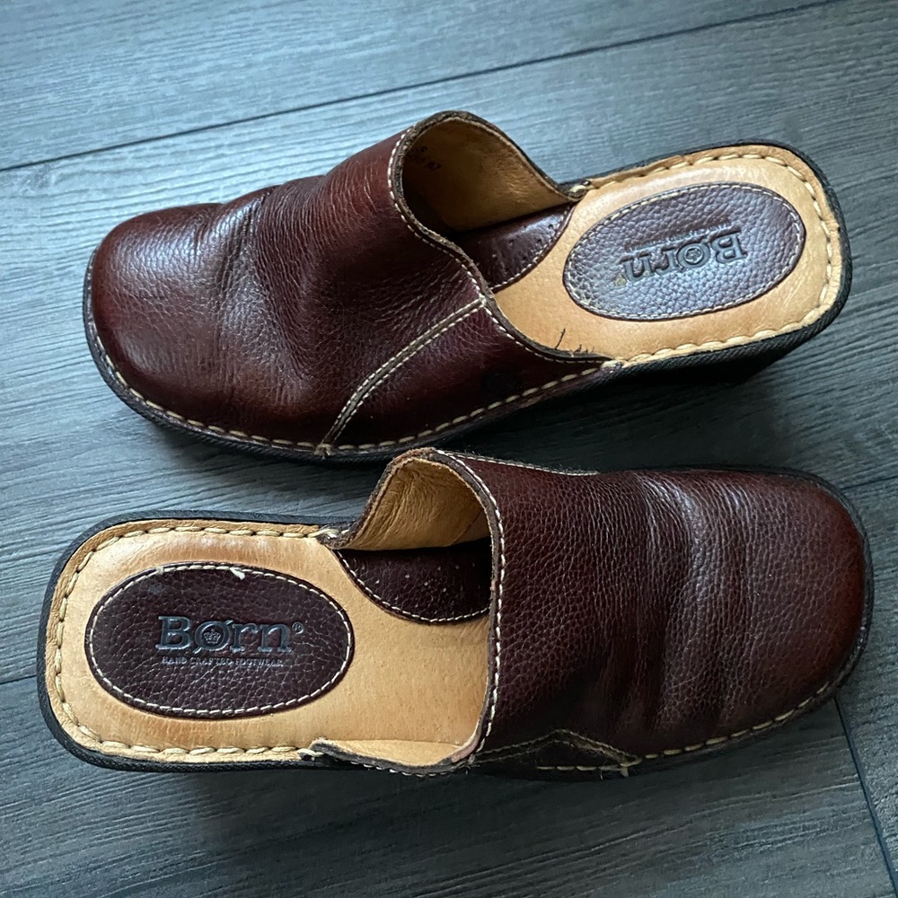 Born Brown Leather Wedge Clogs Slip On Chunky Mules Women's 7